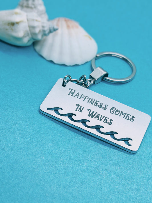 'HAPPINESS COMES IN WAVES' Keyring